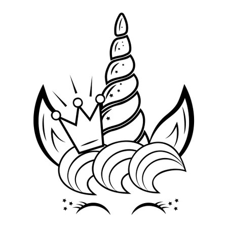 Fabulous unicorn pony decorated, black contour coloring, vector isolated illustration in doodle styleのイラスト素材