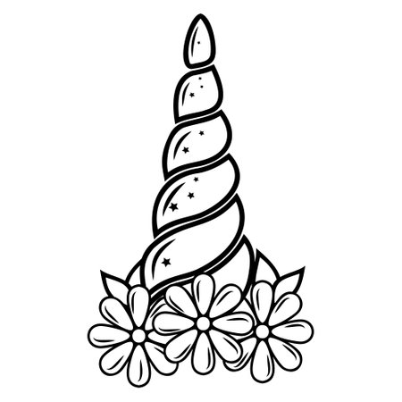 Unicorn horn decorated, black contour coloring, vector isolated illustration in doodle styleのイラスト素材