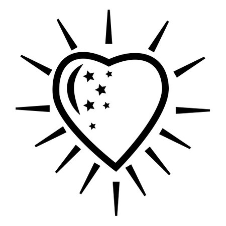 heart sign with rays black outline, vector isolated illustration in doodle styleのイラスト素材