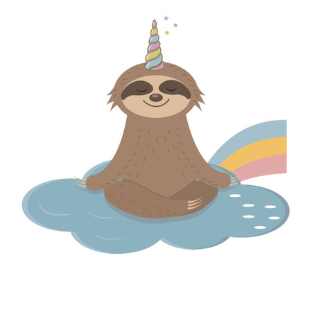 Vector illustration in cartoon style of a cute sloth character with a unicorn horn.のイラスト素材