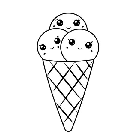 Ice cream dessert kawaii in a waffle cup, black outline, vector illustration in doodle styleのイラスト素材