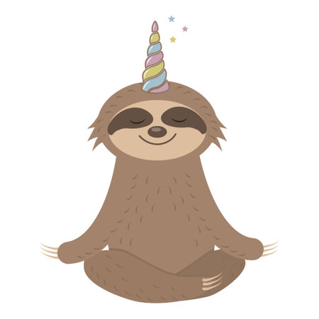 Vector illustration in cartoon style of a cute sloth character with a unicorn horn.のイラスト素材