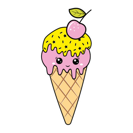 Kawaii ice cream dessert in a waffle cup, color vector illustration in cartoon styleのイラスト素材