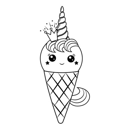 Kawaii unicorn ice cream dessert in a waffle cup, black outline, vector illustration in doodle style.のイラスト素材