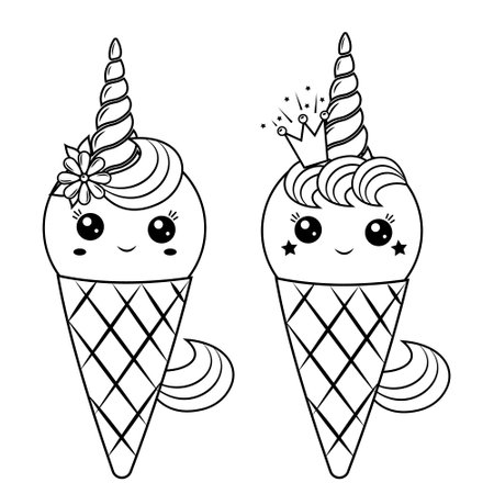Kawaii unicorn ice cream dessert in a waffle cup, black outline, vector illustration in doodle style.のイラスト素材