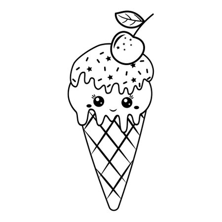 Ice cream dessert kawaii in a waffle cup, black outline, vector illustration in doodle style.のイラスト素材