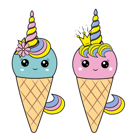 Unicorn ice cream kawaii dessert in a waffle cup, color vector illustration in cartoon styleのイラスト素材
