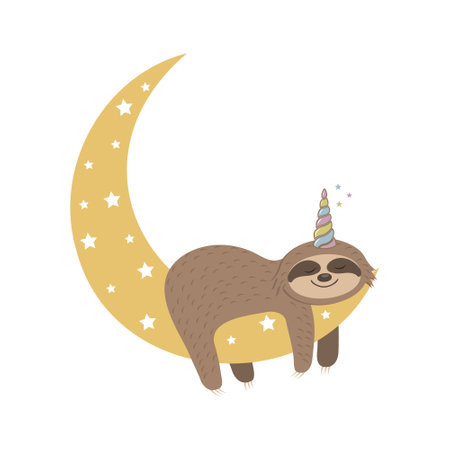 Vector illustration in cartoon style of a cute sloth character with a unicorn horn.のイラスト素材