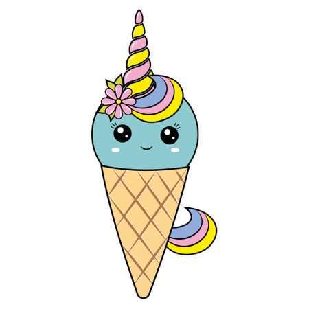 Unicorn ice cream kawaii dessert in a waffle cup, color vector illustration in cartoon styleのイラスト素材