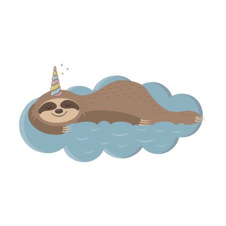 Vector illustration in cartoon style of a cute sloth character with a unicorn horn.のイラスト素材