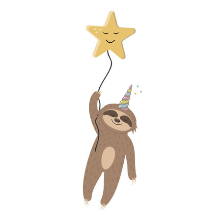 Vector illustration in cartoon style of a cute sloth character with a unicorn horn.のイラスト素材