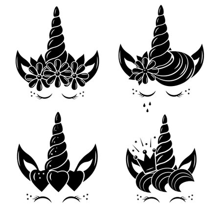 Fabulous unicorn pony decorated with black contour coloring, vector isolated illustration in doodle style, stencilのイラスト素材