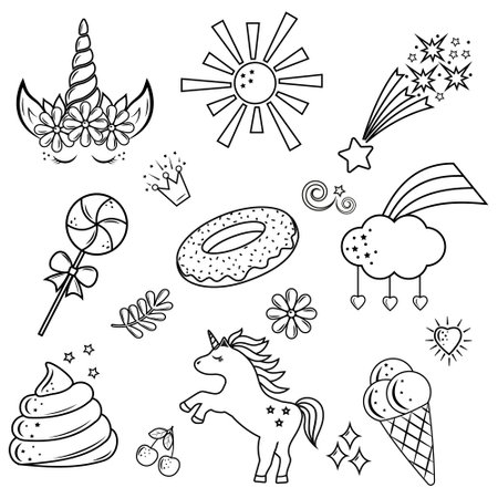 childrens set with unicorn black outline, vector isolated illustration in doodle styleのイラスト素材