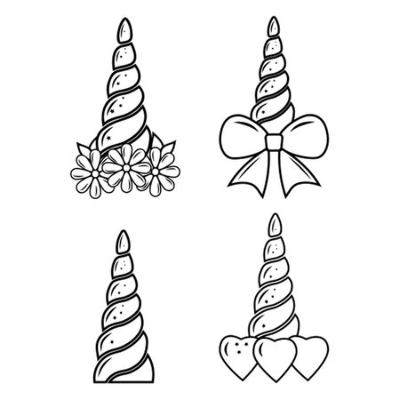 Unicorn horn decorated, black contour coloring, vector isolated illustration in doodle styleのイラスト素材