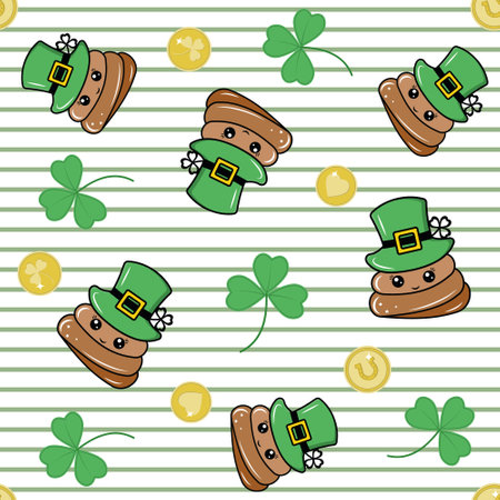 A festive pattern for Patricks Day on a striped background with poop in a hat, money and cloverのイラスト素材