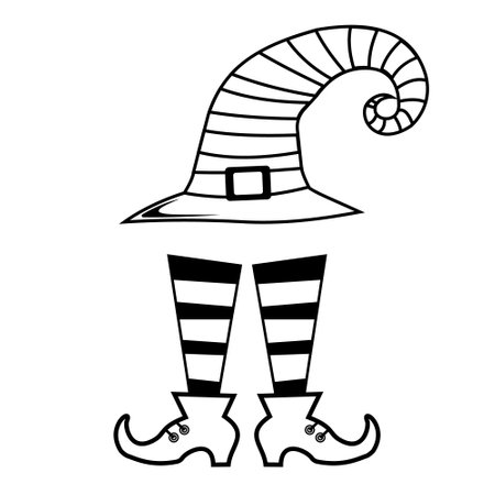 Hat and legs of a witch in stockings and boots, black outline, vector illustration in doodle styleのイラスト素材