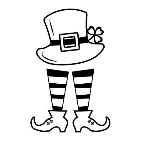 Festive Hat with clover and feet in boots for Patricks Day, black outline in doodle styleのイラスト素材
