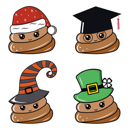 A set of characters kawaii poop Santa Claus, St. Patrick, Graduate scientist, Halloween witch. Color vector illustration in cartoon styleのイラスト素材
