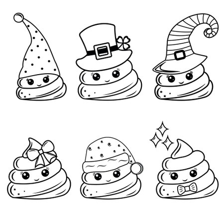 A set of characters of kawaii poop Santa Claus, St. Patrick, a certified scientist, a Halloween witch, a girl, a boy, a unicorn, a dwarf. Black outline in doodle styleのイラスト素材