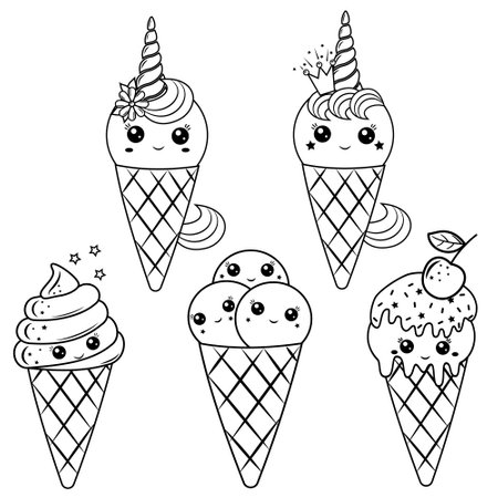 Kawaii unicorn ice cream dessert in a waffle cup, black outline, vector illustration in doodle style.のイラスト素材