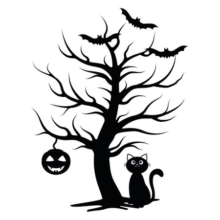 Scary Halloween Tree With Hanging Pumpkin, Vector isolated illustration on White Backgroundのイラスト素材