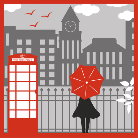 urban landscape, a girl with an umbrella at a telephone booth, vector illustration in the style of papercutのイラスト素材