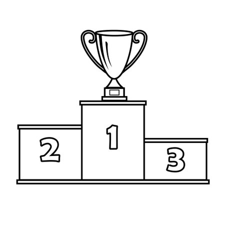 Podium for winners with a cup, close-up, isolated on a white background, vector illustration, contour, doodle styleのイラスト素材
