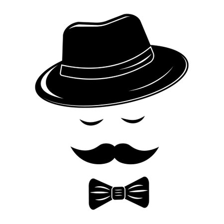 An icon of a gentleman. Hat. Moustache. Vector icon of an unknown man with a mustache, hat, glasses. The badge of an inspector or detective.のイラスト素材