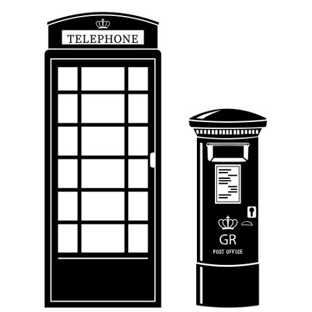 London postal street mailbox and telephone booth, black stencil, isolated vector illustrationのイラスト素材
