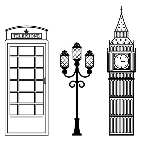 Vector set of London attractions. a set of vector silhouette illustrations of the sights of London, England.のイラスト素材