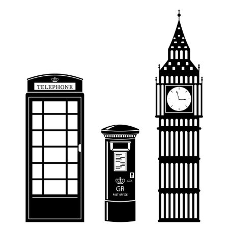 Vector set of London attractions. a set of vector silhouette illustrations of the sights of London, England.のイラスト素材