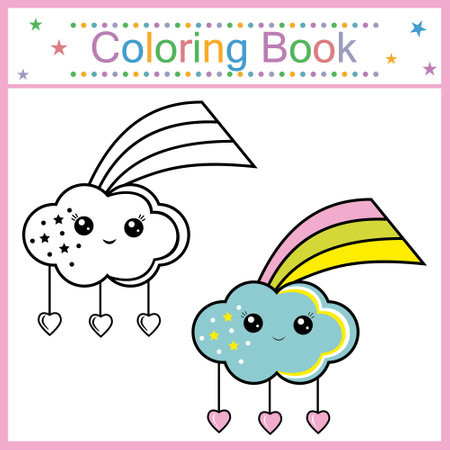 coloring book for kids cloud with rainbow kawaii, vector isolated illustrationのイラスト素材