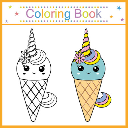 Coloring book for kids ice cream kawaii, isolated contour illustrationのイラスト素材