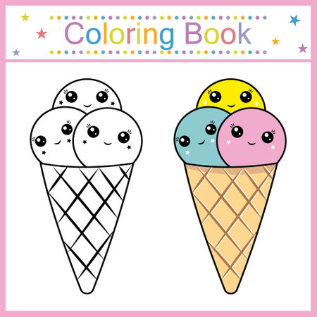 Coloring book for kids ice cream kawaii, isolated contour illustrationのイラスト素材