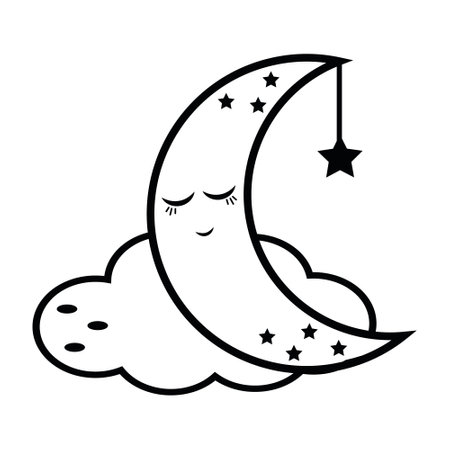 The moon character on a doodle-style kawaii cloud, black outline, isolated vectorのイラスト素材