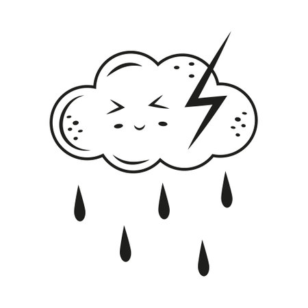 Character thundercloud kawaii in doodle style, black outline, isolated vectorのイラスト素材
