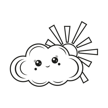 The character of the sun behind a doodle-style kawaii cloud, black outline, isolated vectorのイラスト素材