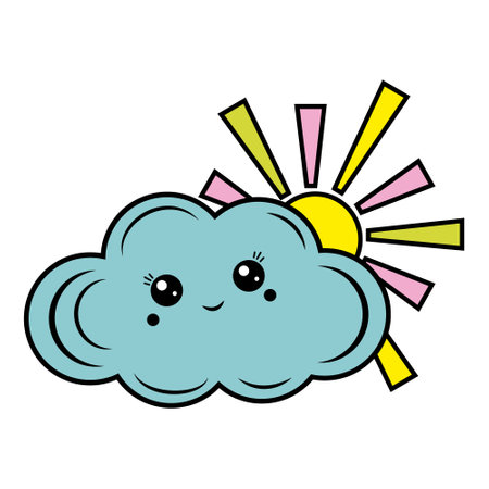 The symbol of the sun behind the kawaii cloud in cartoon style, isolated vectorのイラスト素材