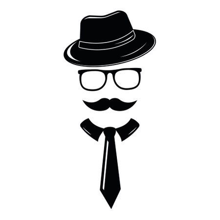 Silhouette of a man with a mustache hat and glasses in a tie, vector illustrationのイラスト素材