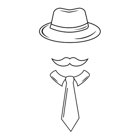 Silhouette of a man in a hat with a mustache and glasses, with a tie, vector illustration in the style of a doodle, contourのイラスト素材