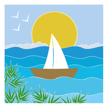 sailboat sailing on the blue ocean, in the style of paper artのイラスト素材