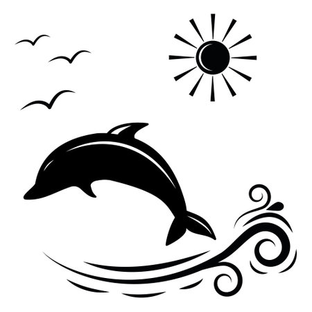 Black and white vector illustration of dolphin jumping on the wave.のイラスト素材