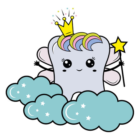 color vector illustration for children, tooth fairy on kawaii clouds, cartoon styleのイラスト素材