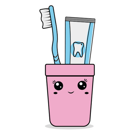 Toothbrush and paste in a glass of kawaii, color vector illustration for children, cartoon styleのイラスト素材