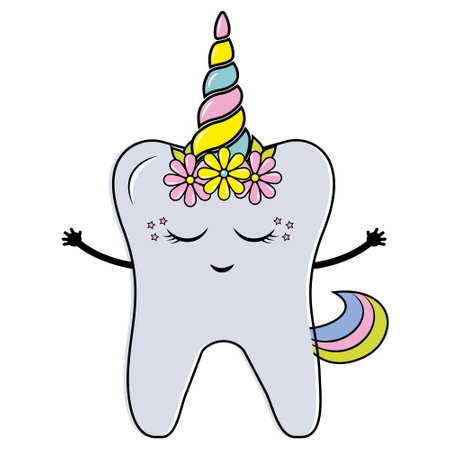 color vector illustration for children, tooth with unicorn horn, cartoon styleのイラスト素材