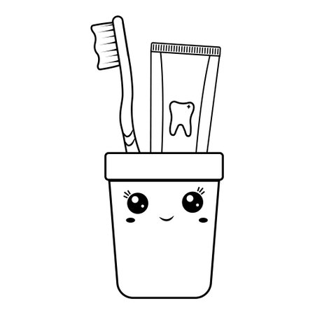 Toothbrush and paste in a glass of kawaii, black outline vector illustration for children in doodle styleのイラスト素材