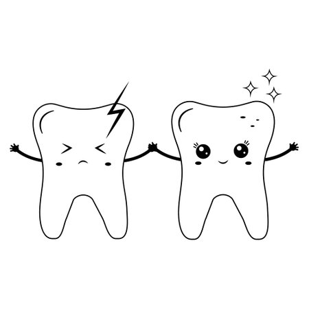 Healthy and sick teeth, kawaii characters, black contour doodle, vector illustrationのイラスト素材