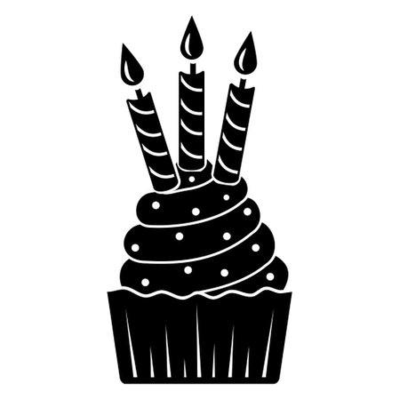 Festive cupcake with candles, black stencil icon, vector illustrationのイラスト素材