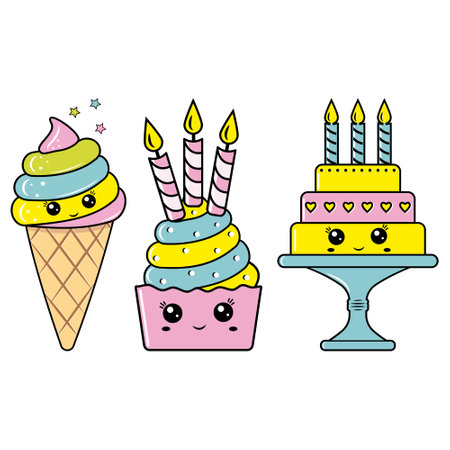 A set of sweet desserts, kawaii characters, vector illustration in cartoon styleのイラスト素材