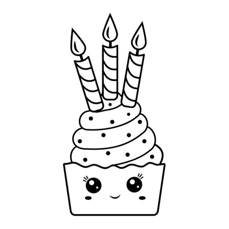 Sweet dessert cupcake with candles in doodle style, black outlineのイラスト素材